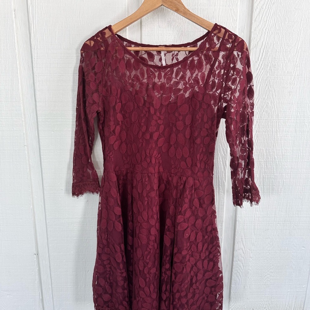 Free People Whimsigoth Elegant Burgundy Lace Fairycore Dark Romantic Dress